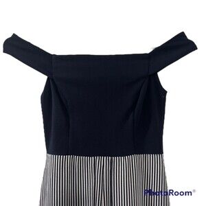 TeezeMe Navy Blue Striped High Low Off Shoulder Romper Maxi Skort Dressy Sz 3/4
